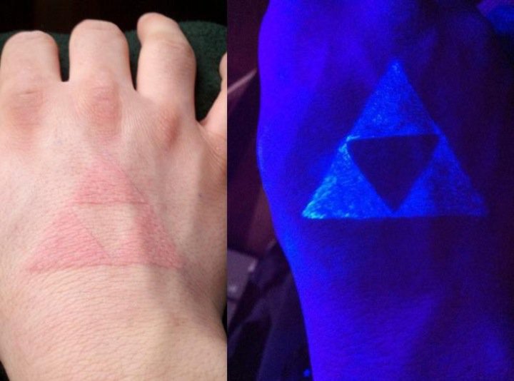 Triforce Normal And UV Style Tattoo On Hand