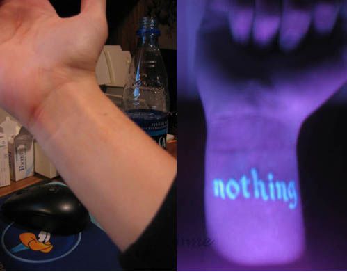 UV Nothing Word Daylight And Blacklight Tattoo On Wrist