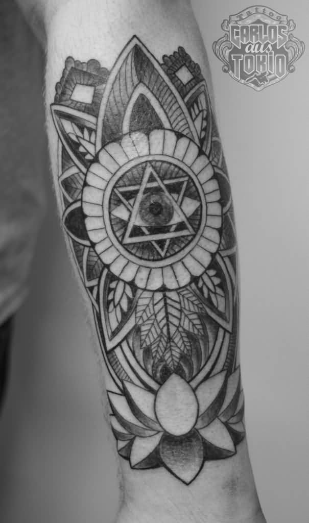 Unique Eye Star Of David With Lotus Tattoo On Arm Sleeve