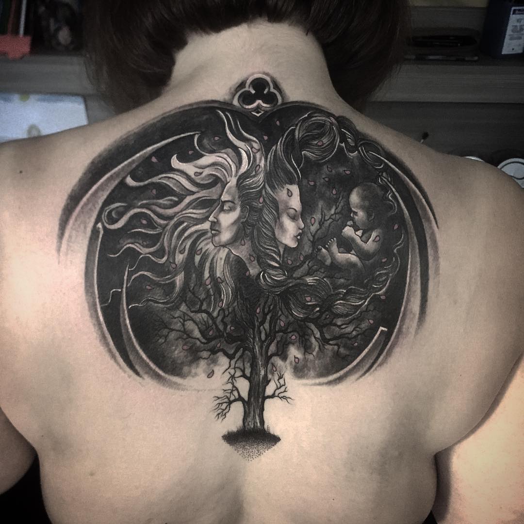 Unique Tree Of Life Tattoo On Upper Back For Women