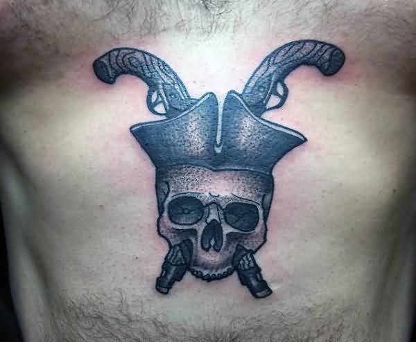 Vintage Pirate Skull Guns Tattoo On Chest