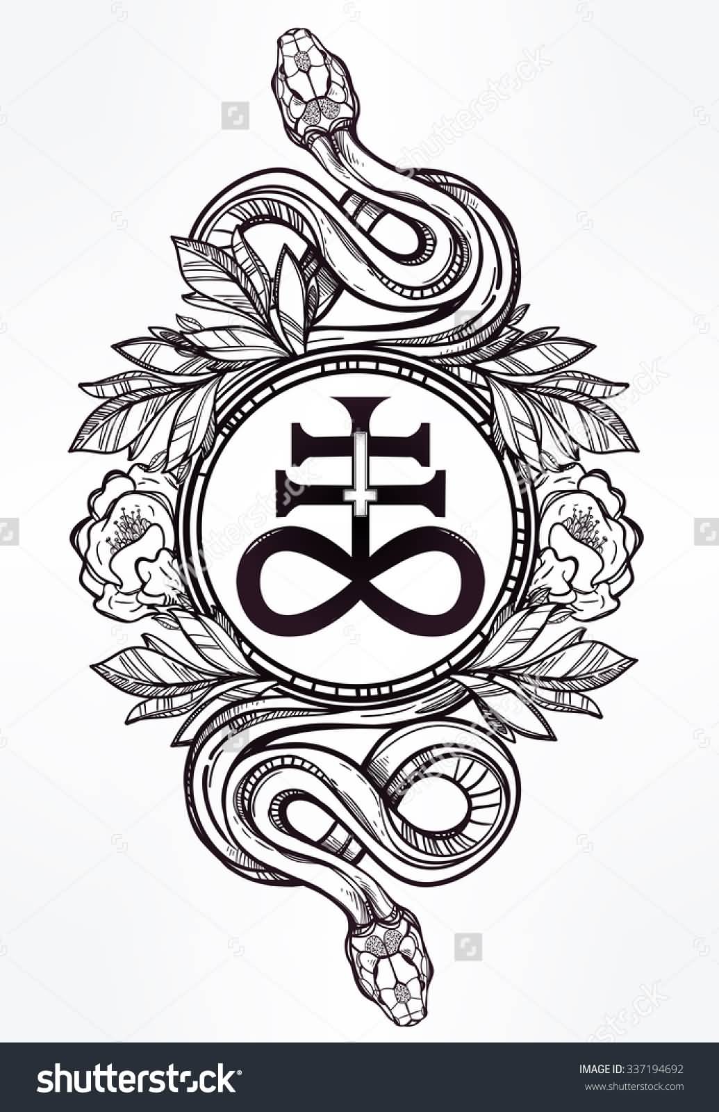 Vintage Snake With Satanic Cross Tattoo Design