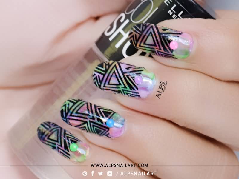 Water Color Nails With Black Geometric Lines Nail Art Design