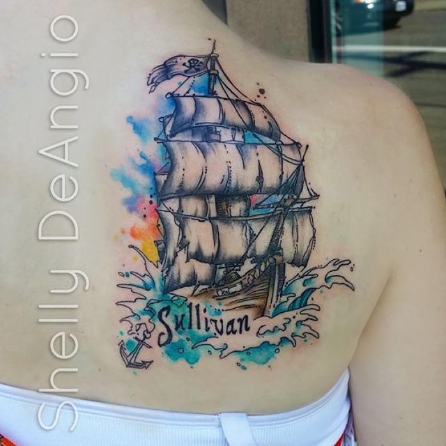 Watercolor Pirate Ship Tattoo On Upper Back