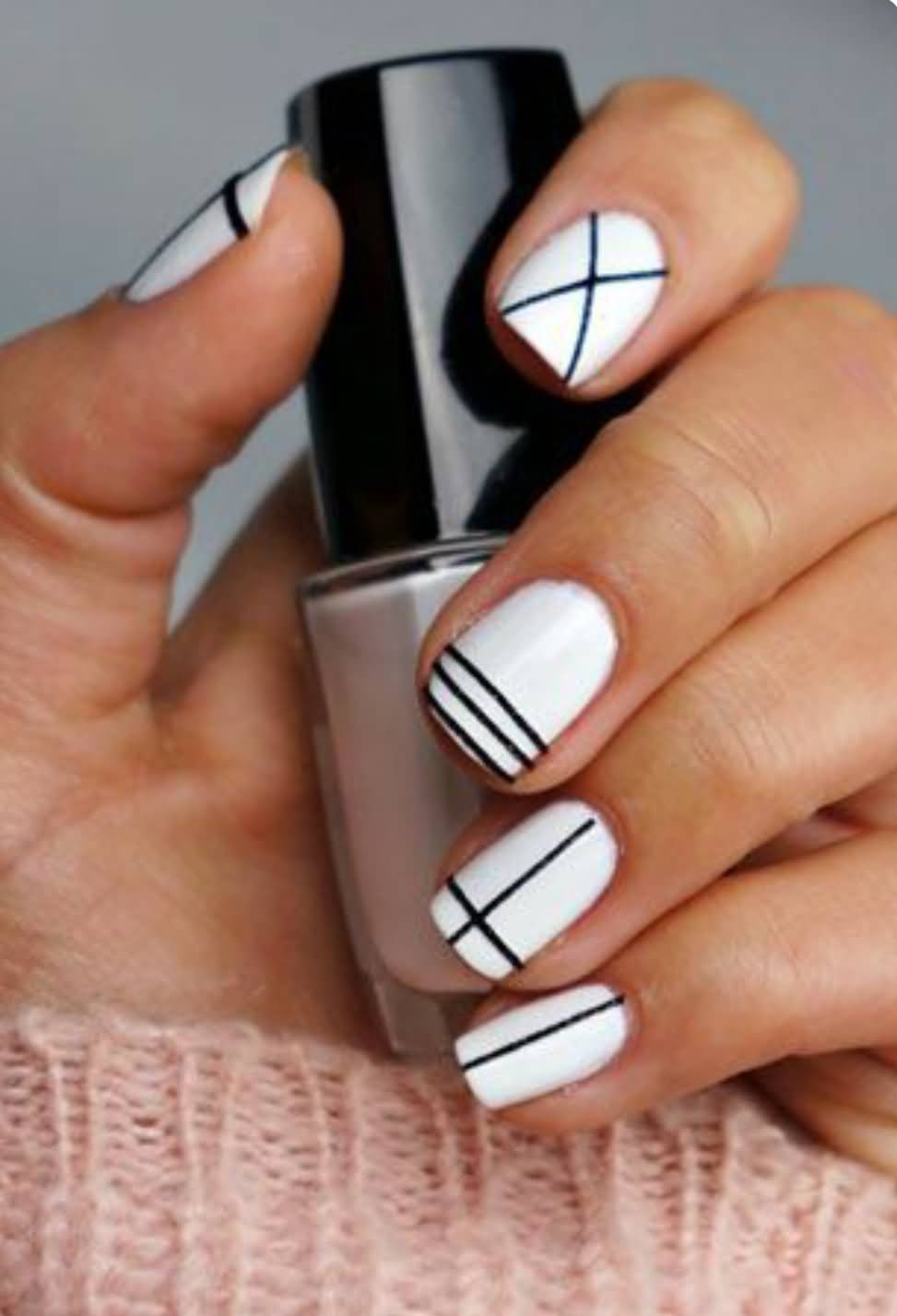 White And Black Geometric Nail Art Design Idea