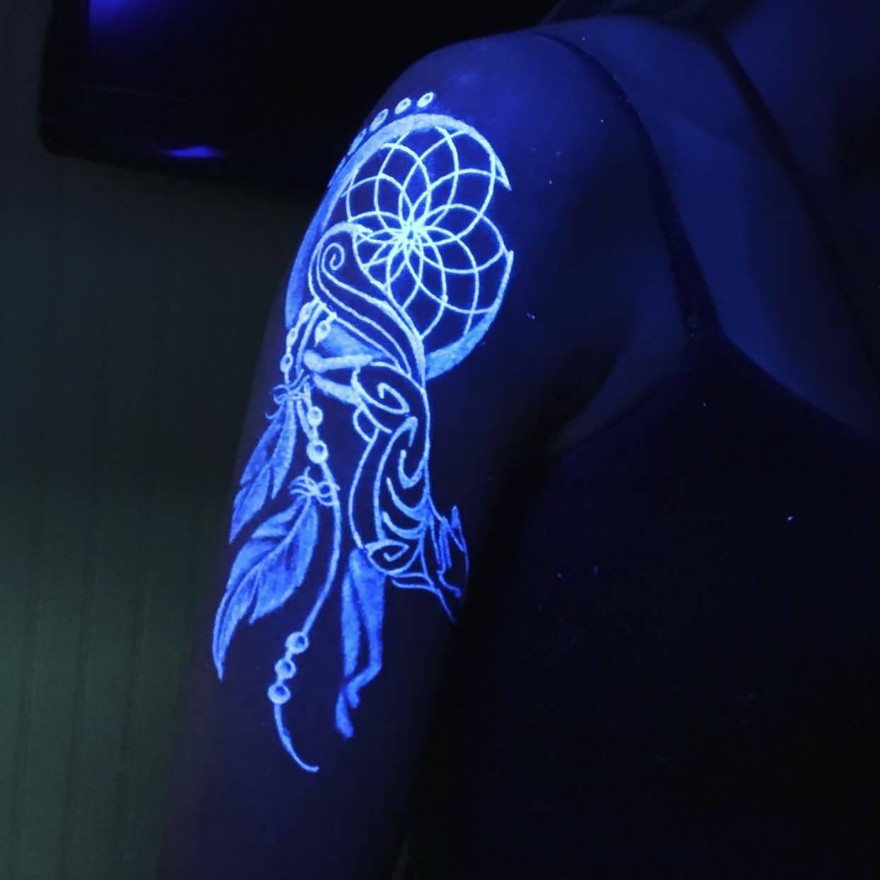 White Ink Dreamcatcher UV Tattoo On Right Half Sleeve