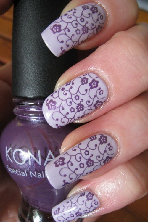 White Nails With Purple Flowers Nail Art
