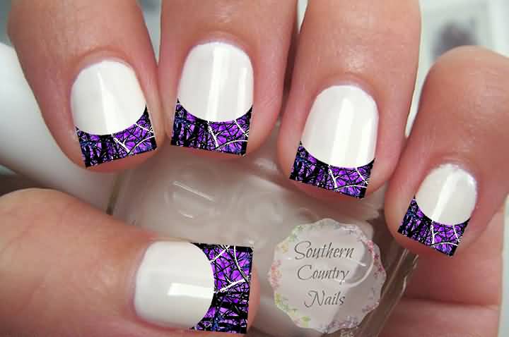 White Nails With Purple Tip Nail Art