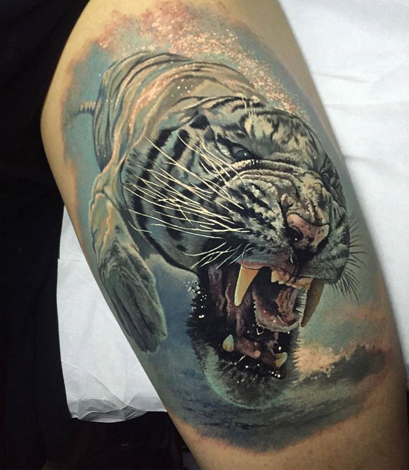 White Tiger Tattoo On Sleeve by Steve Butcher