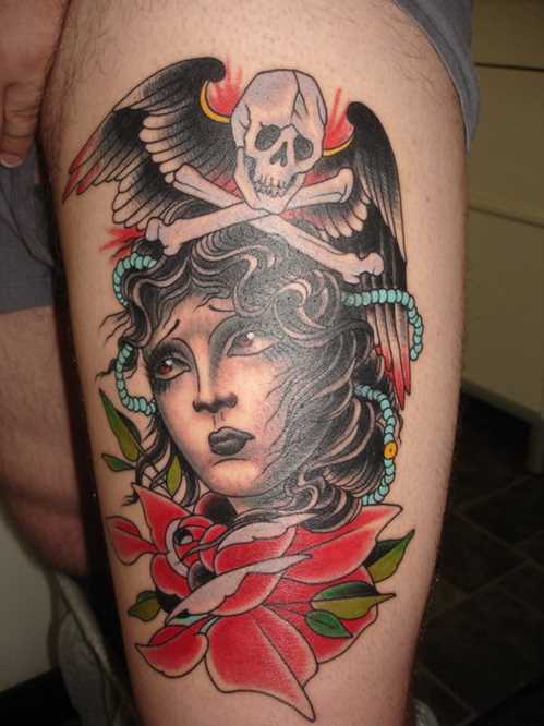 Winged Skull With Pirate Girl Traditional Tattoo
