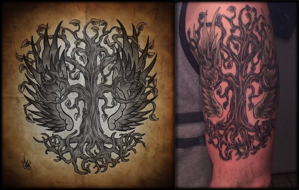 Winged Tree Of Life Tattoo On Left Half Sleeve By Shepush