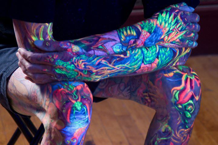 Wonderful Birds And Flowers UV Tattoo On Arms And Legs