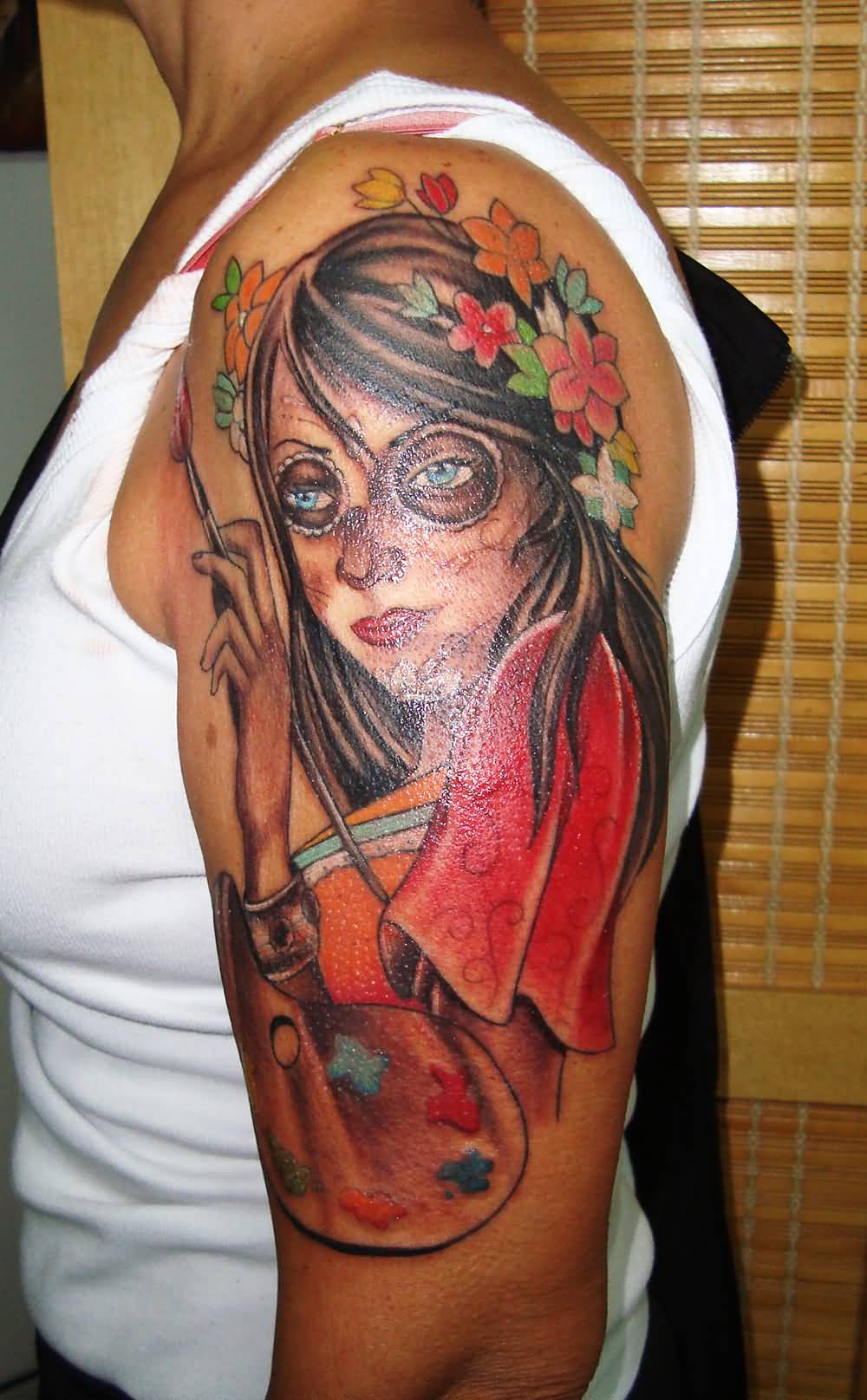 Wonderful Catrina Painting Tattoo On Left Half Sleeve