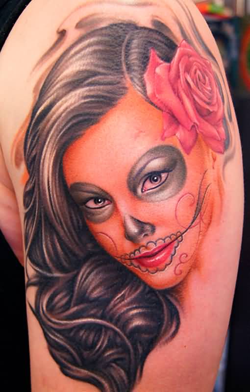 Wonderful Catrina Portrait Tattoo On Left Half Sleeve