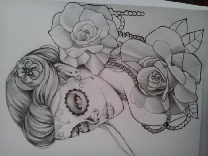 Wonderful Catrina With Rose Flowers Tattoo Sketch