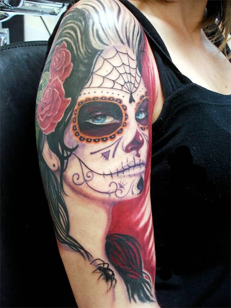 Wonderful Catrina With Spider Tattoo On Right Half Sleeve