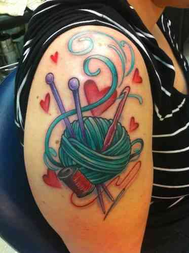 Wonderful Crochet Hook And Yarn With Needles Tattoo On Right Shoulder