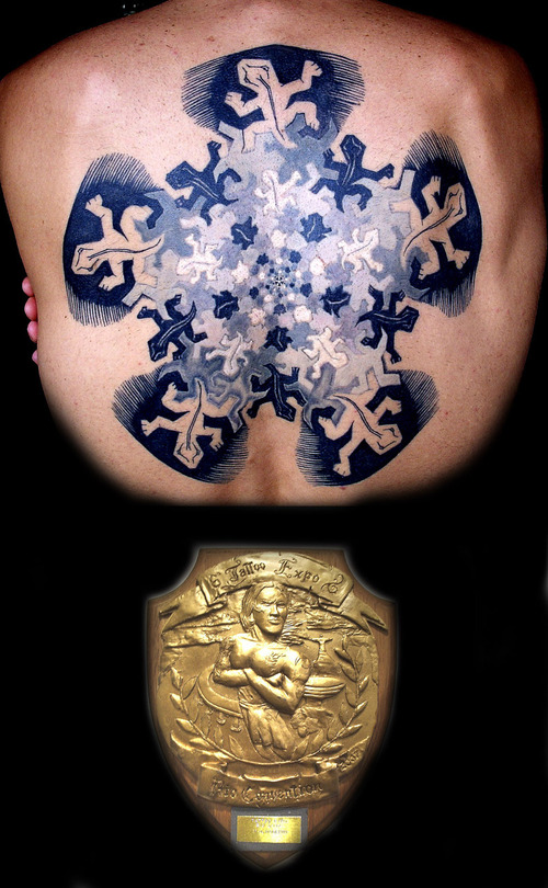 Wonderful Escher Lizards Tattoo On Upper Back