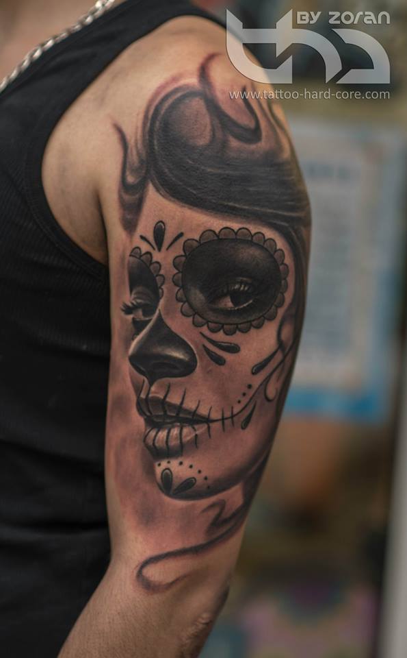 Wonderful Grey Catrina Tattoo On Left Half Sleeve By Zoran