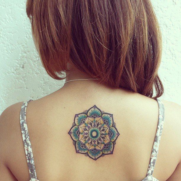 Wonderful Mandala Flower Spiritual Tattoo On Upper Back For Girls