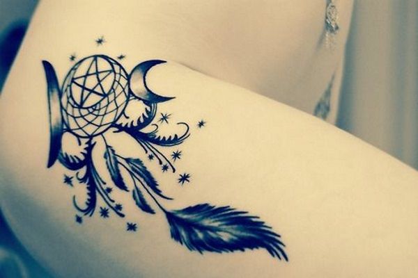 Wonderful Pagan Triple Moon With Feathers Tattoo On Thigh