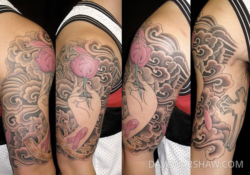 Wonderful Ribbon Tibetan Tattoo On Right Half Sleeve