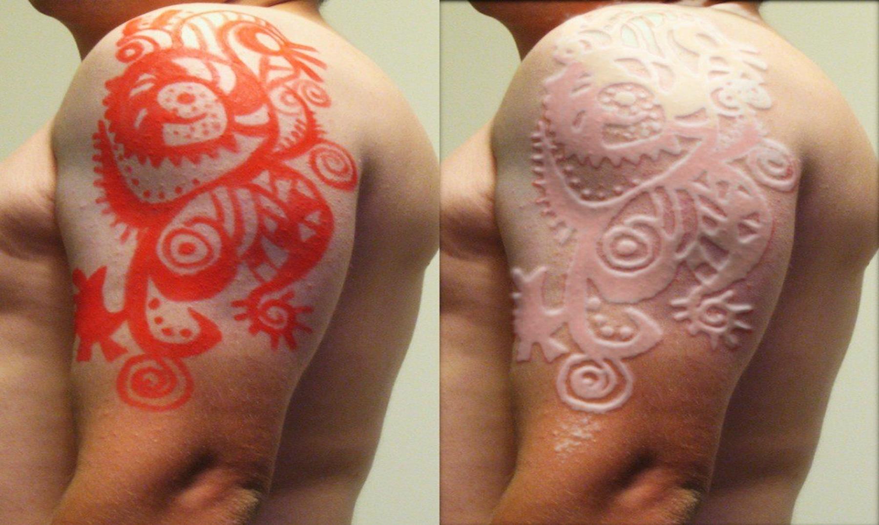 Wonderful Scarification Before And After Tattoo On Left Half Sleeve