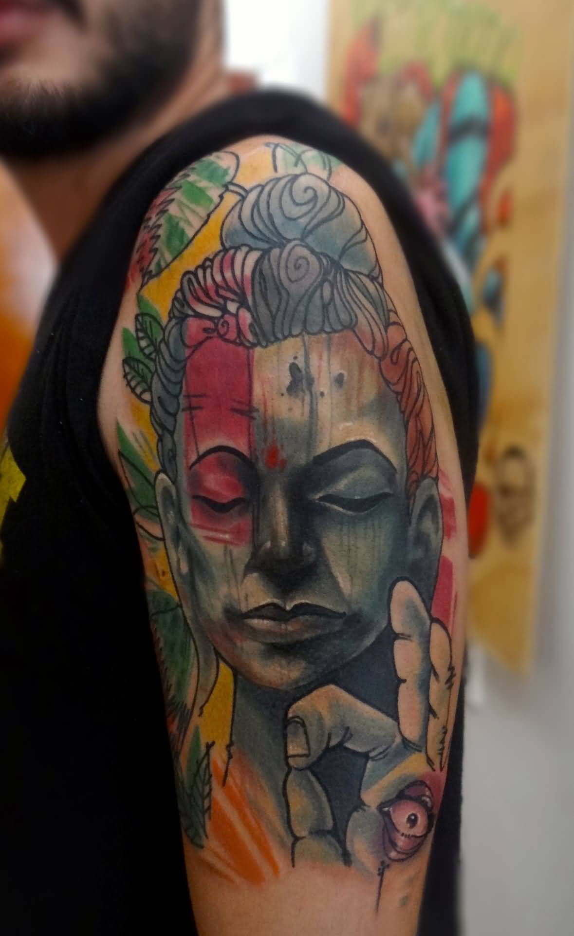 Wonderful Spiritual Buddha Watercolor Tattoo On Left Half Sleeve