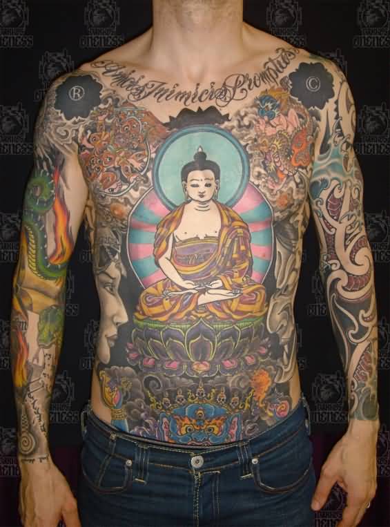 Wonderful Tibetan Buddha And Lotus Tattoo On Full Body