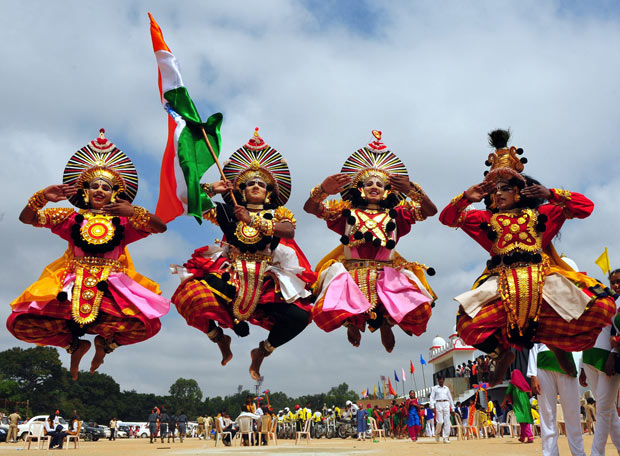 Yakshagana Performers Jumping With Indian Flag During The Independence Day Celebration
