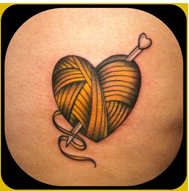 Yellow Heart Shaped Needle With Yarn Tattoo