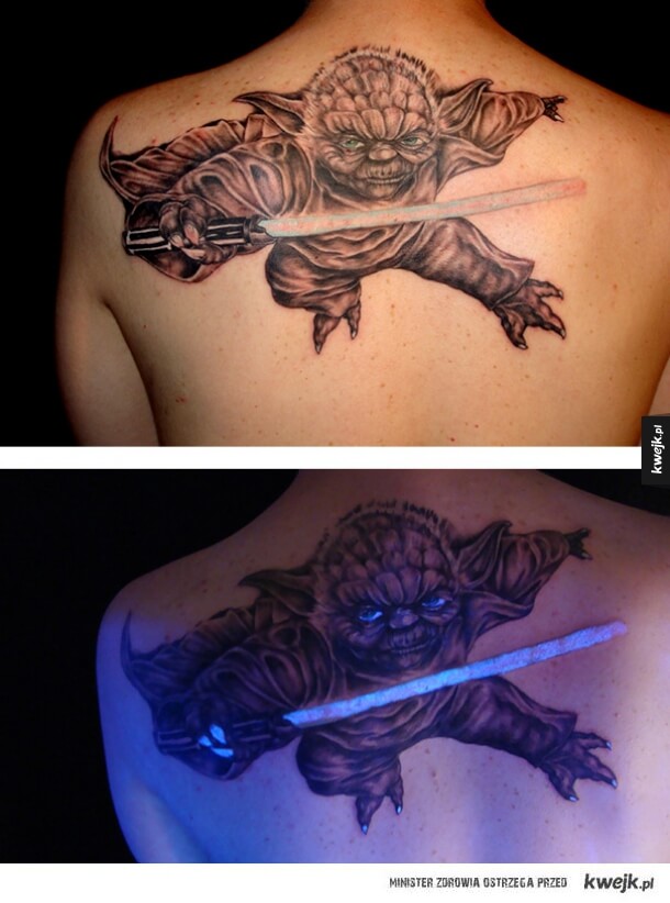 Yoda Daylight And UV Light Tattoo On Upper Back