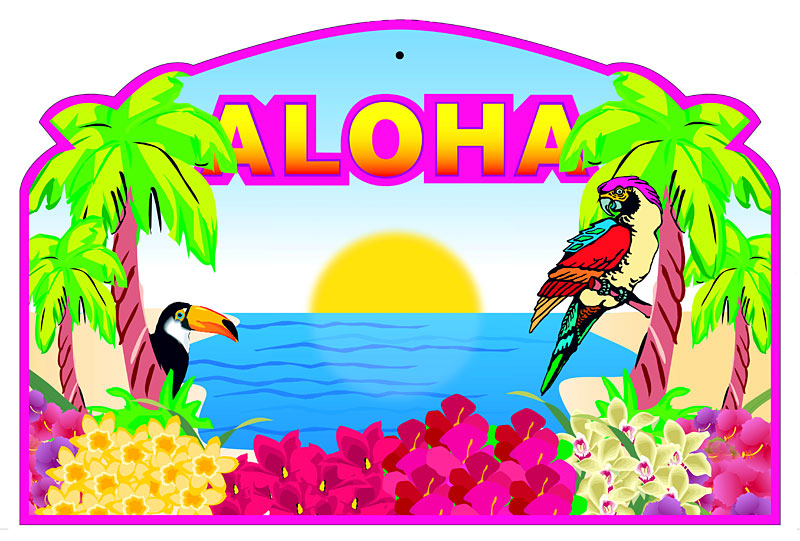 Aloha Beach View With Flowers And Birds Illustration