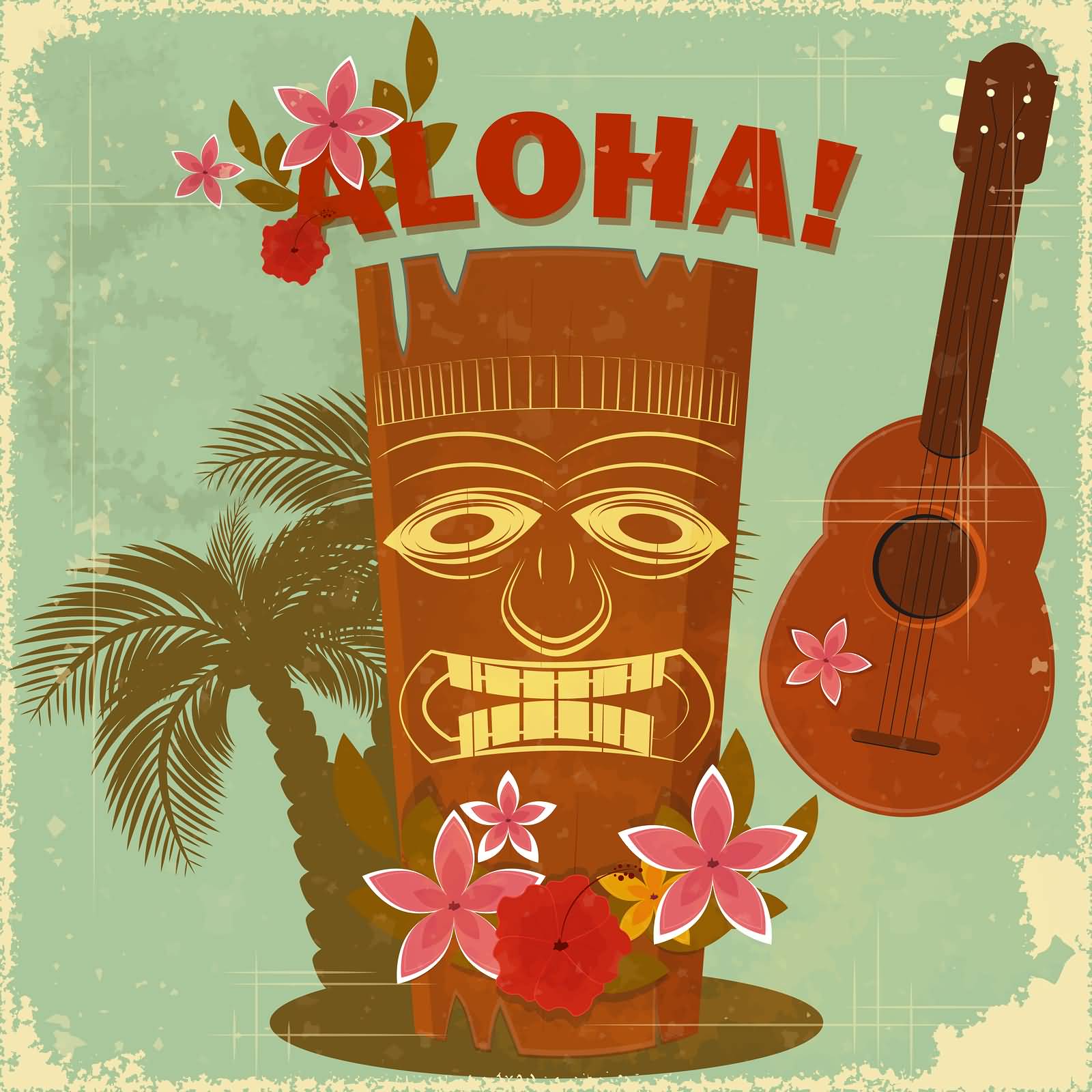 Aloha Tiki Mask With Flowers And Guitar Picture