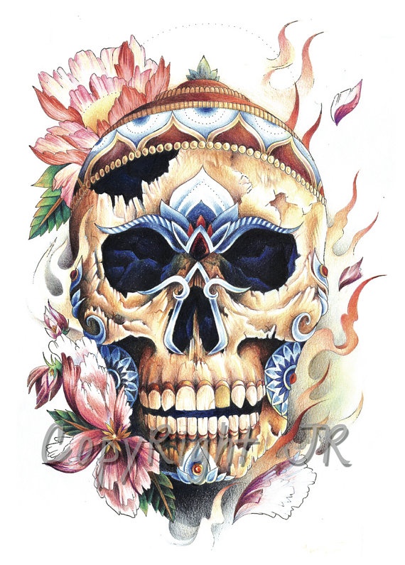 Amazing Flaming Tibetan Skull Tattoo Design