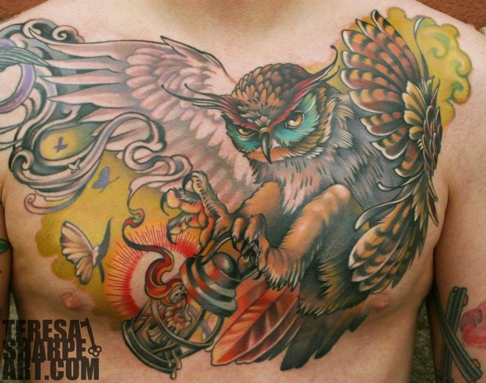 Amazing Owl Lantern Tattoo On Chest For Men