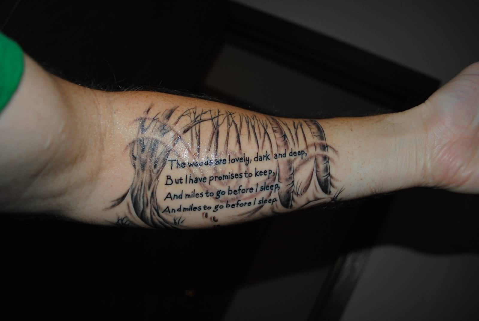 Amazing Robert Frost Poem Stopping By Woods Tattoo On Forearm