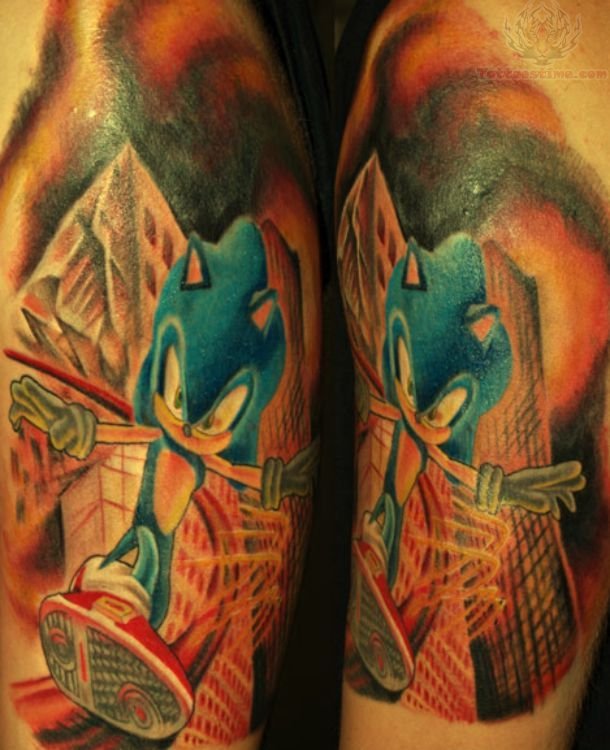 Amazing Sonic With Buildings Tattoo On Half Sleeve