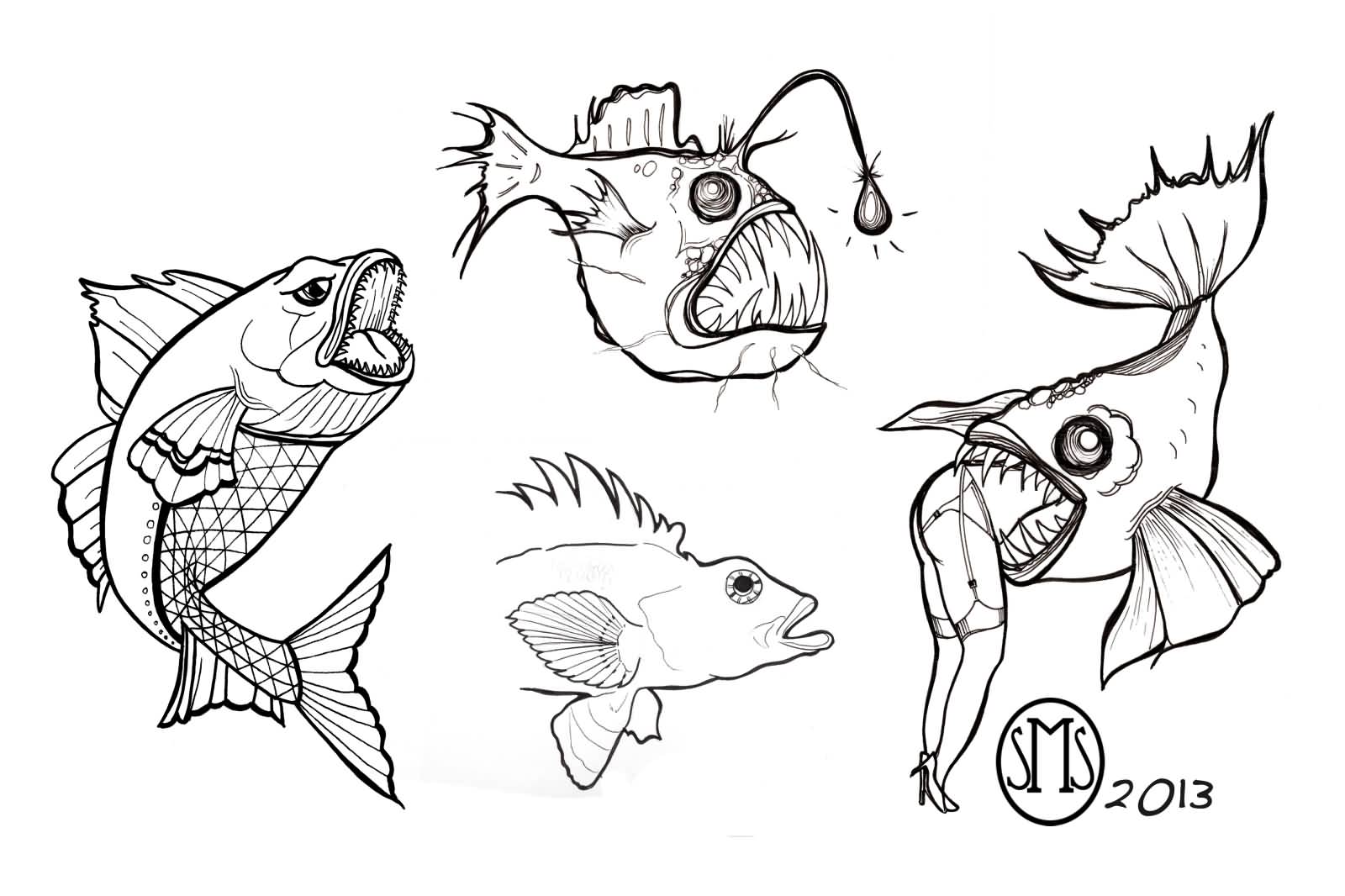 Angler And Other Fishes Tattoos Sketch Set
