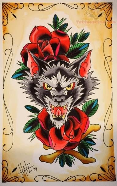 Angry Wolf Head With Bones Old School Tattoo Design