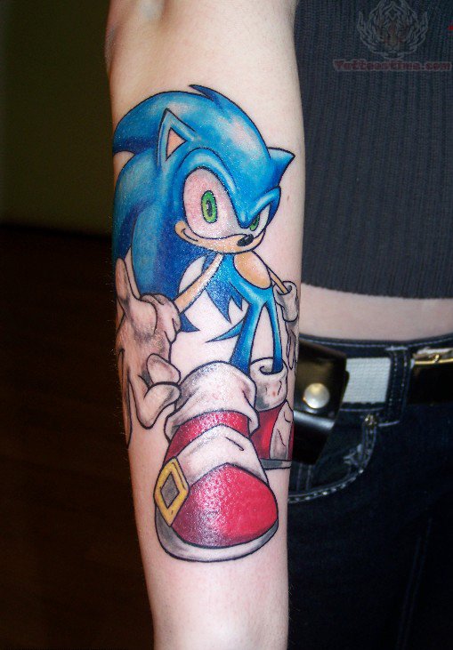 Animated Sonic Tattoo On Arm Sleeve