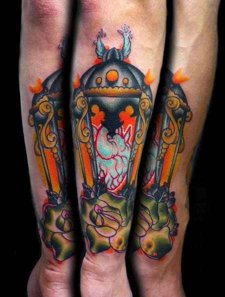 Antique Lantern With Flower Tattoo On Arm Sleeve
