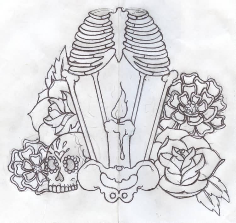 Antique Lantern With Flowers Tattoo Drawing