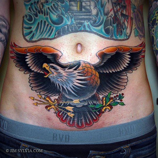 Arrow With Old School Eagle Tattoo On Stomach