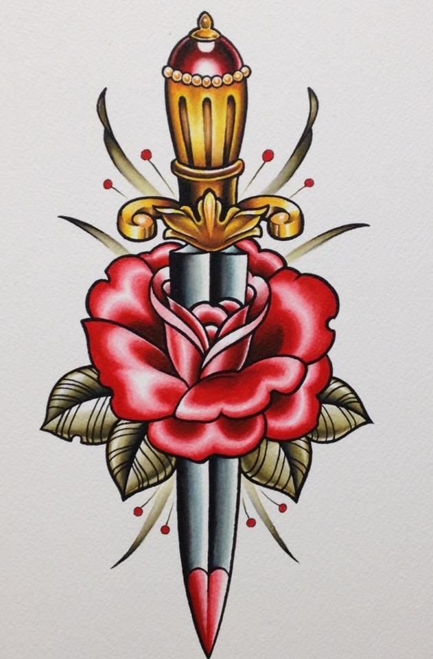 Attractive Dagger In Rose Flower Old School Tattoo Design