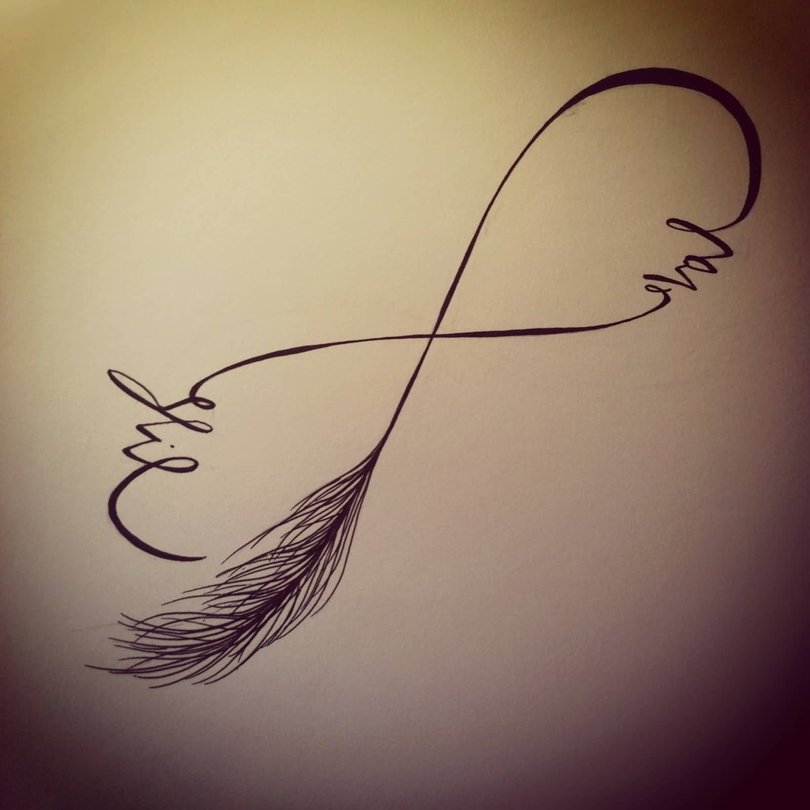Attractive Infinity Symbol With Feather Tattoo Design