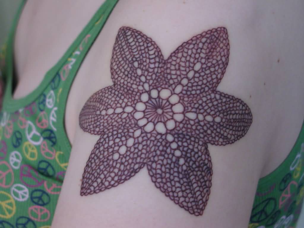 Attractive Knitted Flower Tattoo On Left Shoulder By Knitiblack
