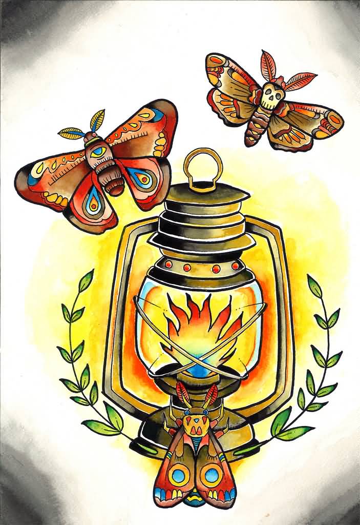 Attractive Lantern With Moth Traditional Tattoo Design By FloodingFactory