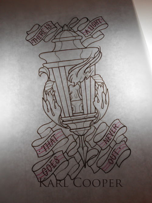 Attractive Lettering Banner With Candle Lantern Tattoo Sketch