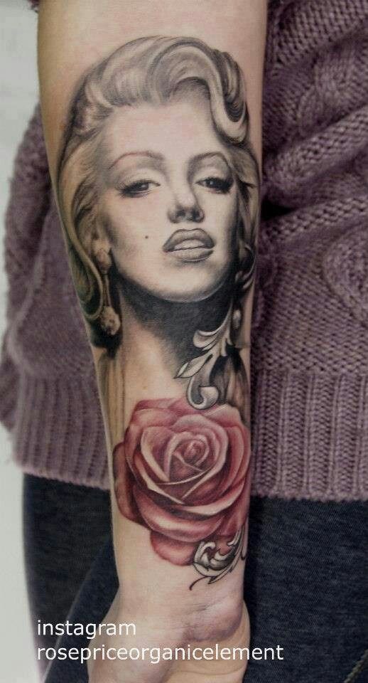 Attractive Marilyn Monroe With Rose Tattoo On Forearm